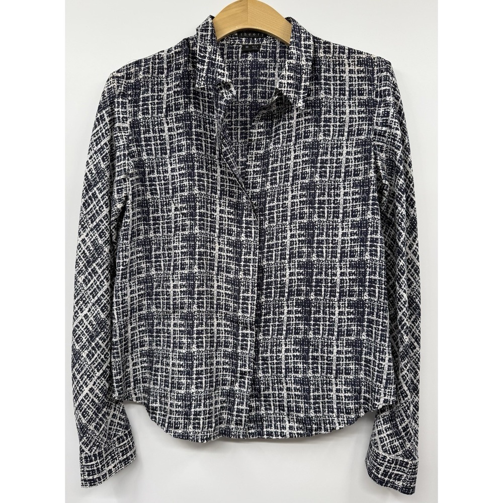 THEORY Women's Silk Long Sleeve Blouse Shirt Med Navy & White Abstract Office